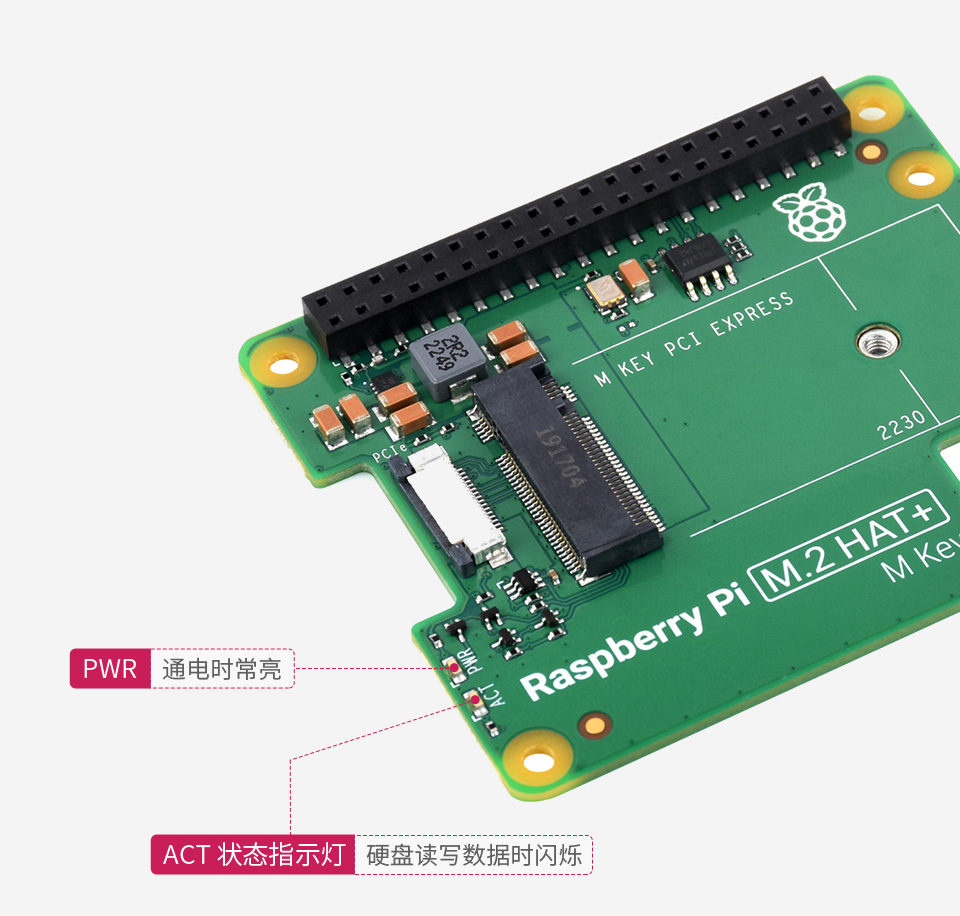 Raspberry Pi M.2 HAT+ 板载双 LED 指示灯，对LED灯的功能描述