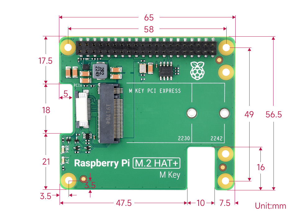 Raspberry Pi M.2 HAT+ 产品尺寸