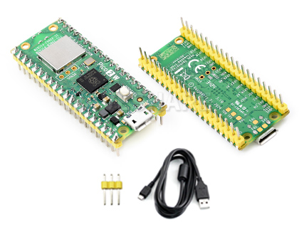 Raspberry Pi Pico 2 W新型微控制器迷你开发板的入门套餐配置，包含面包板和扎线以及加焊了黄色排针的 Pico 2版本