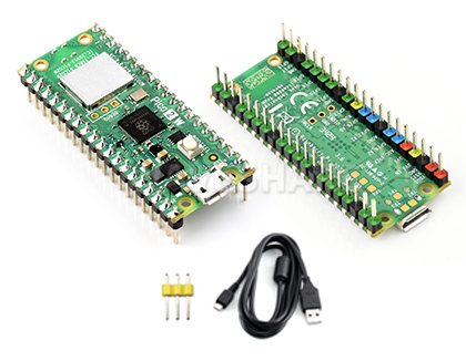 Raspberry Pi Pico 2 W新型微控制器迷你开发板的入门套餐配置，包含面包板和扎线以及加焊了黄色排针的 Pico 2版本