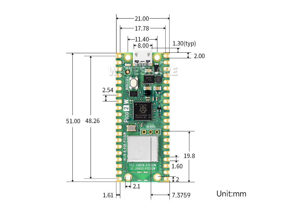 Raspberry Pi Pico 2 W新型微控制器迷你开发板产品尺寸