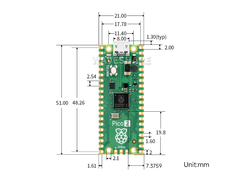 Raspberry Pi Pico 2新型微控制器迷你开发板产品尺寸