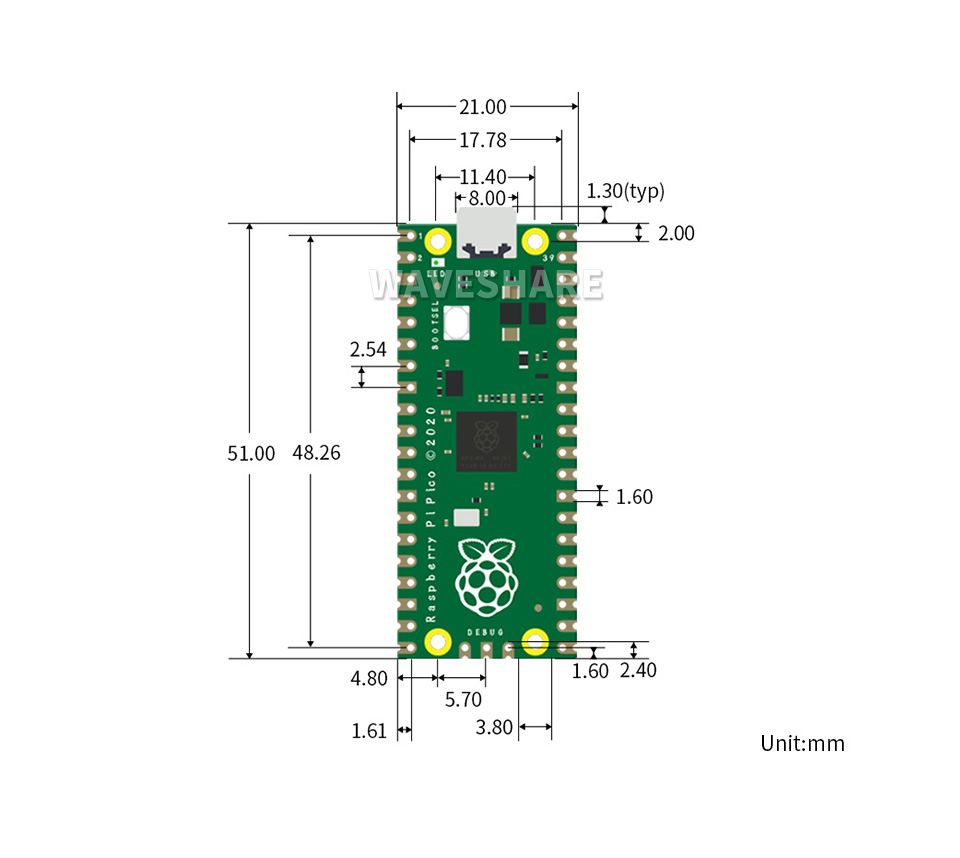 Raspberry Pi Pico H 新型微控制器迷你开发板产品尺寸