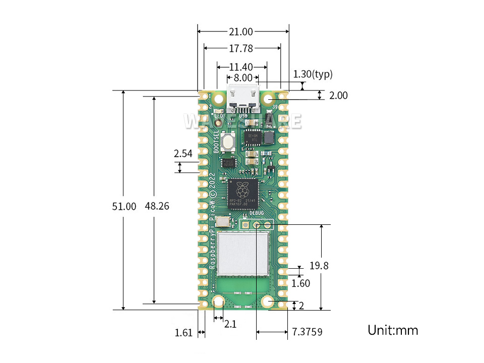 Raspberry Pi Pico W 新型微控制器迷你开发板产品尺寸