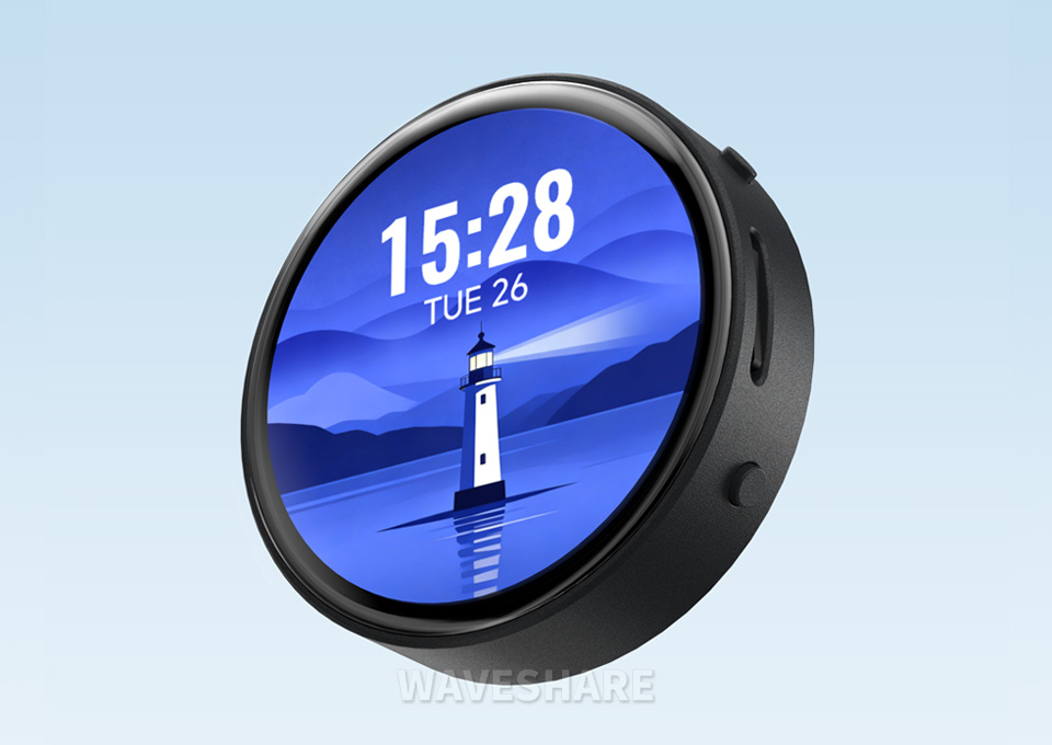 T5-E1 1.75 英寸电容触控屏开发板，并带有特性图标如：LX7双核处理器，2.4GHz Wi-Fi，蓝牙BLE5，板载天线，屏幕尺寸，5点触控，分辨率，262K彩色，音频播放，PCF85063 RTC时钟，QMI8658惯性计，多种接口