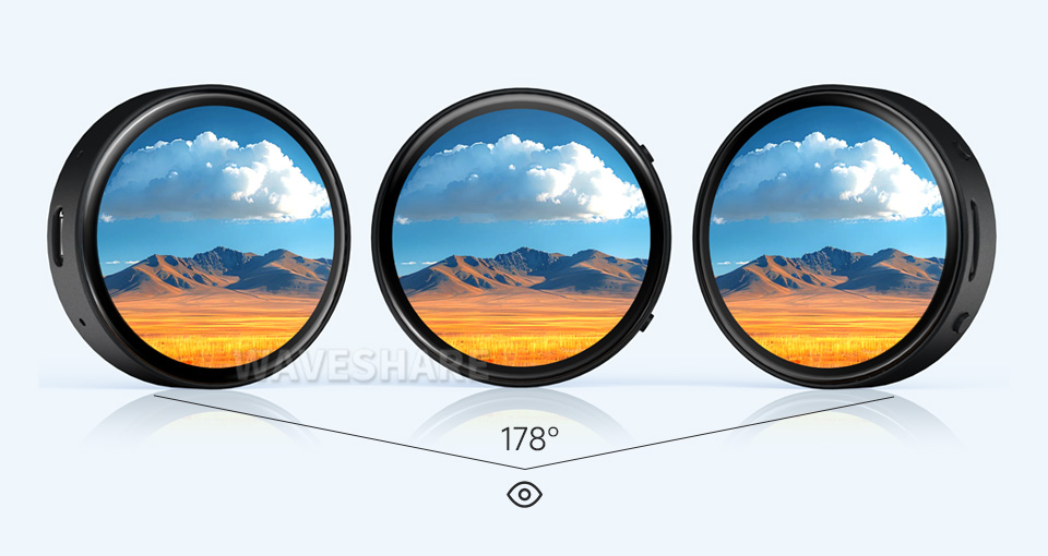 三个T5-E1 1.75 英寸电容触控屏开发板并列，并展示不同视角及IPS屏幕软件