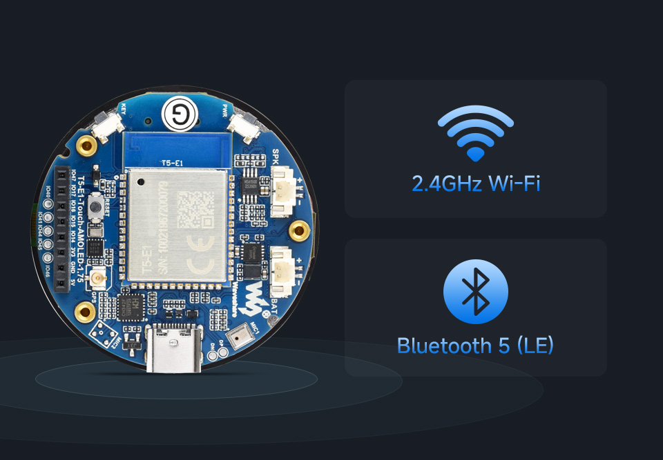 三个T5-E1 1.75 英寸电容触控屏开发板支持 Wi-Fi 和 BLE 5.4
